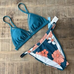 CUPSHE Bikini Set Size S Top M Bottom‎ Teal Coral Floral Cutout Clasp Beach NWT